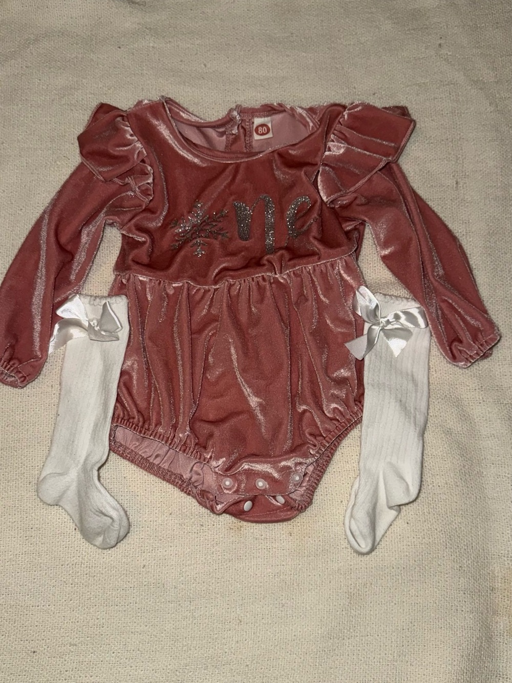 Velvet Ruffle Long-Sleeve Baby Bodysuit in Dusty Rose